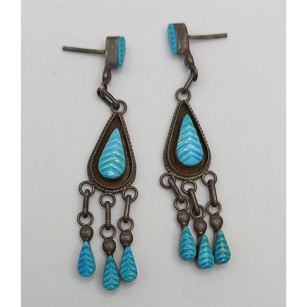 Zuni Handmade Turquoise Post Dangle Earrings Set In Sterling Silver